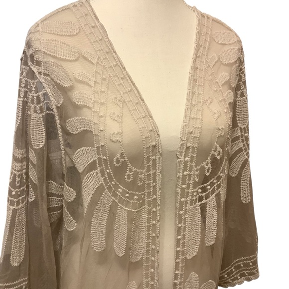 REBELLION CREAM/ WHITE LACE EMBROIDERED COTTON BLEND CARDIGAN/ Size L - Picture 4 of 12